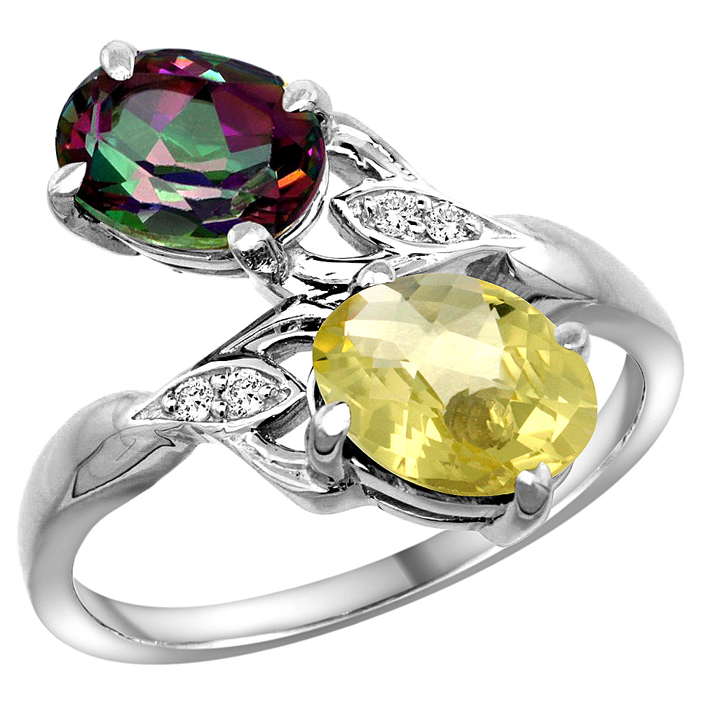 14k White Gold Diamond Natural Mystic Topaz & Lemon Quartz 2-stone Ring Oval 8x6mm, sizes 5 - 10