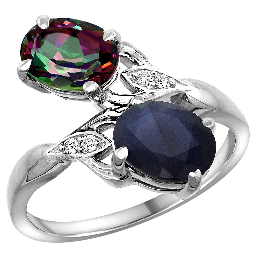 10K White Gold Diamond Natural Mystic Topaz & Australian Sapphire 2-stone Ring Oval 8x6mm, sizes 5 - 10