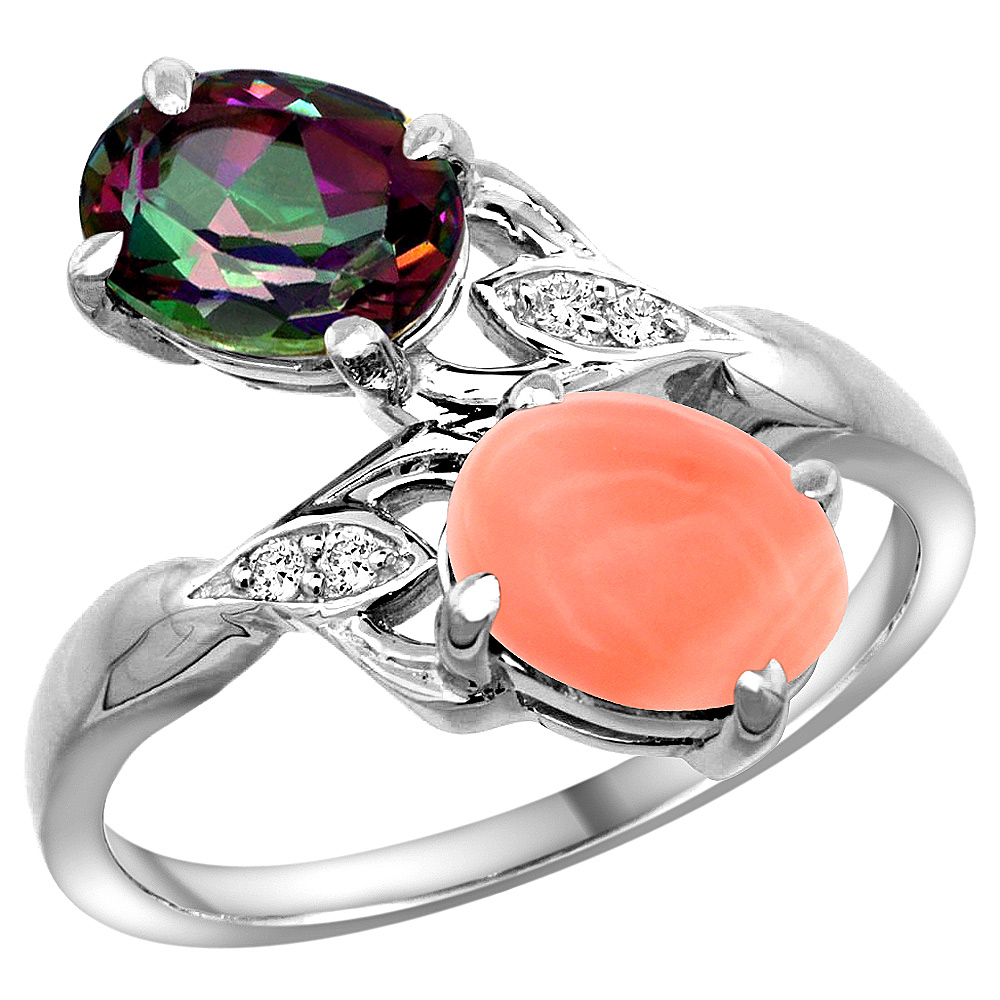 10K White Gold Diamond Natural Mystic Topaz & Coral 2-stone Ring Oval 8x6mm, sizes 5 - 10