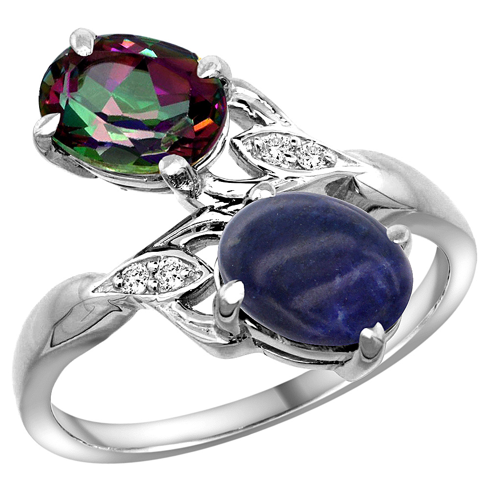 14k White Gold Diamond Natural Mystic Topaz & Lapis 2-stone Ring Oval 8x6mm, sizes 5 - 10