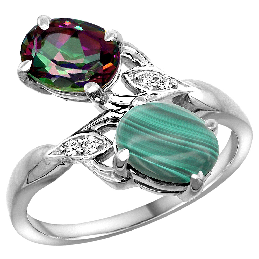 14k White Gold Diamond Natural Mystic Topaz &amp; Malachite 2-stone Ring Oval 8x6mm, sizes 5 - 10