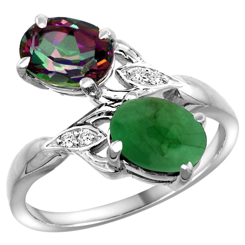 14K WHITE GOLD DIAMOND NATURAL MYSTIC TOPAZ & CABOCHON EMERALD 2-STONE RING OVAL 8X6MM, SIZES 5 - 10