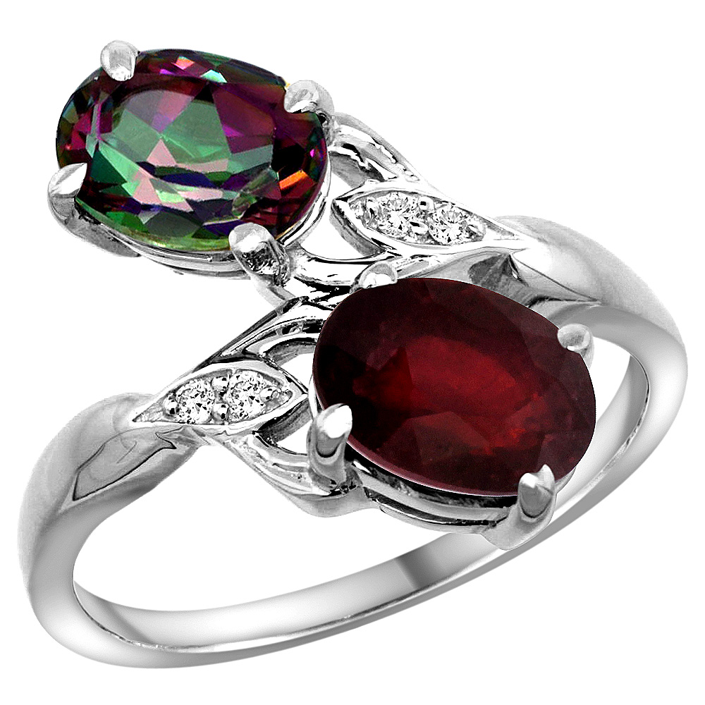 14K WHITE GOLD DIAMOND NATURAL MYSTIC TOPAZ & QUALITY RUBY 2-STONE MOTHERS RING OVAL 8X6MM, SIZE 5 - 10
