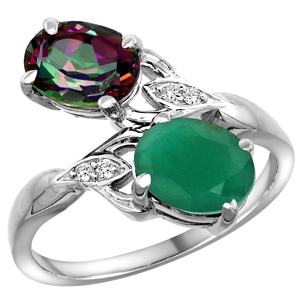 14K WHITE GOLD DIAMOND NATURAL MYSTIC TOPAZ & QUALITY EMERALD 2-STONE MOTHERS RING OVAL 8X6MM, SIZE5 - 10