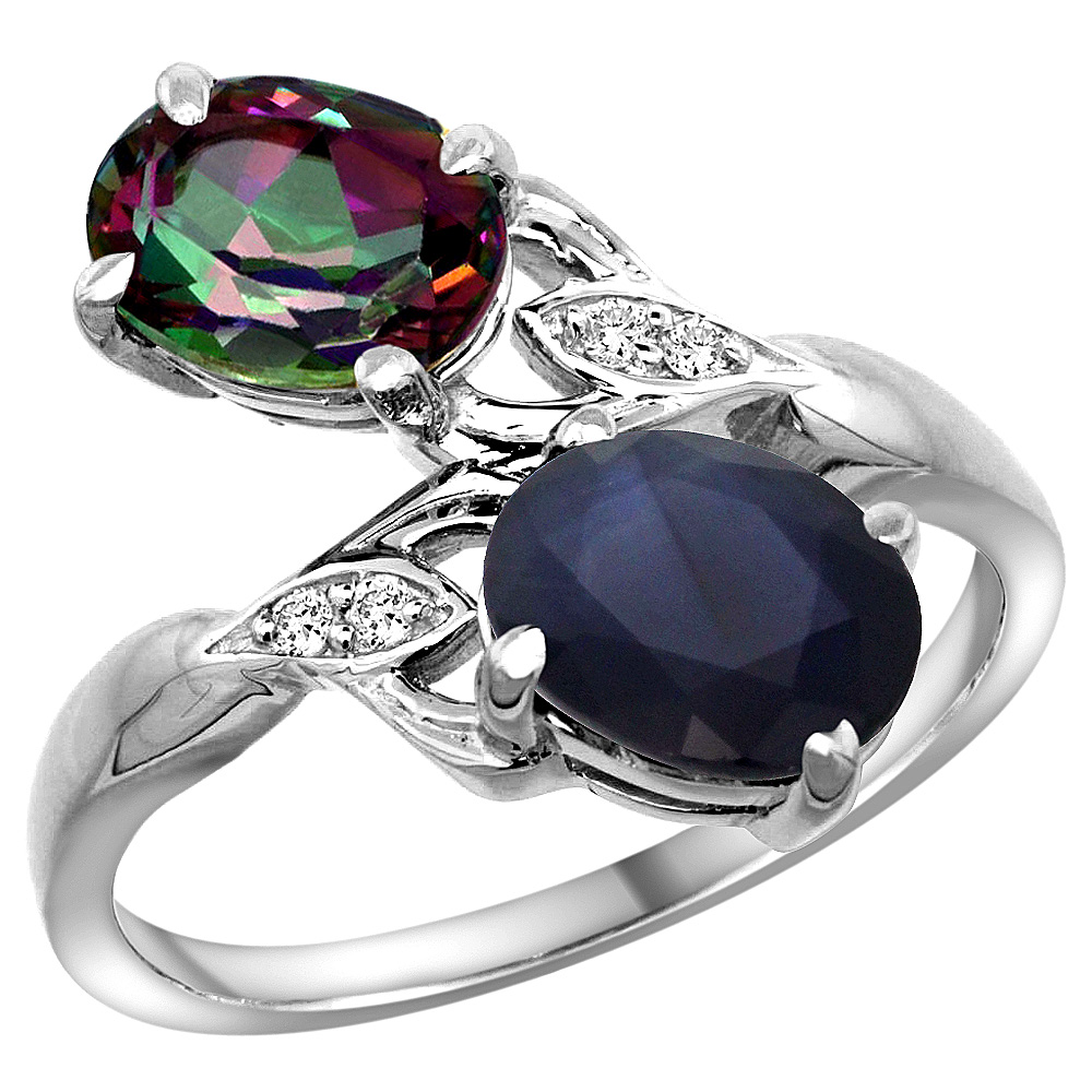 10K White Gold Diamond Natural Mystic Topaz&amp;Quality Blue Sapphire 2-stone Mothers Ring Oval 8x6mm, sz5-10