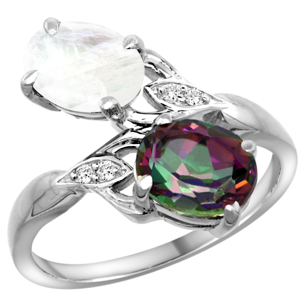 14k White Gold Diamond Natural Mystic Topaz & Rainbow Moonstone 2-stone Ring Oval 8x6mm, sizes 5 - 10