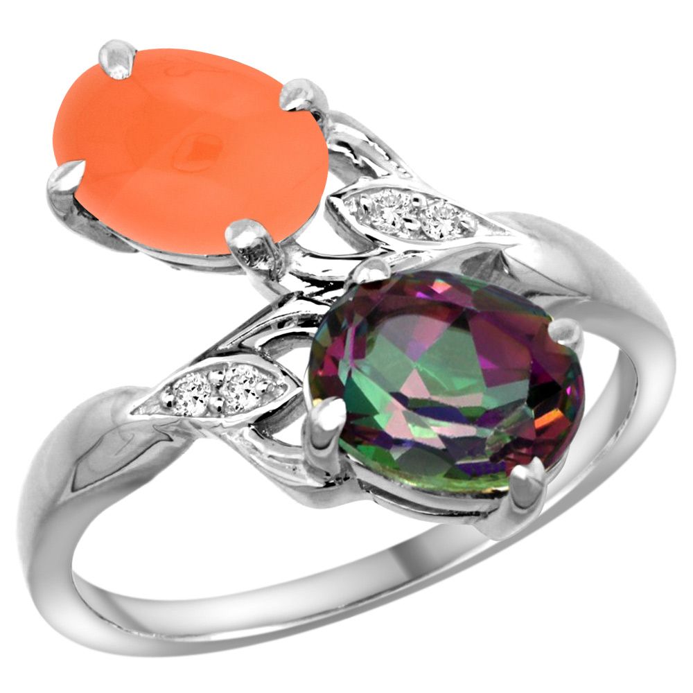 10K White Gold Diamond Natural Mystic Topaz & Orange Moonstone 2-stone Ring Oval 8x6mm, sizes 5 - 10