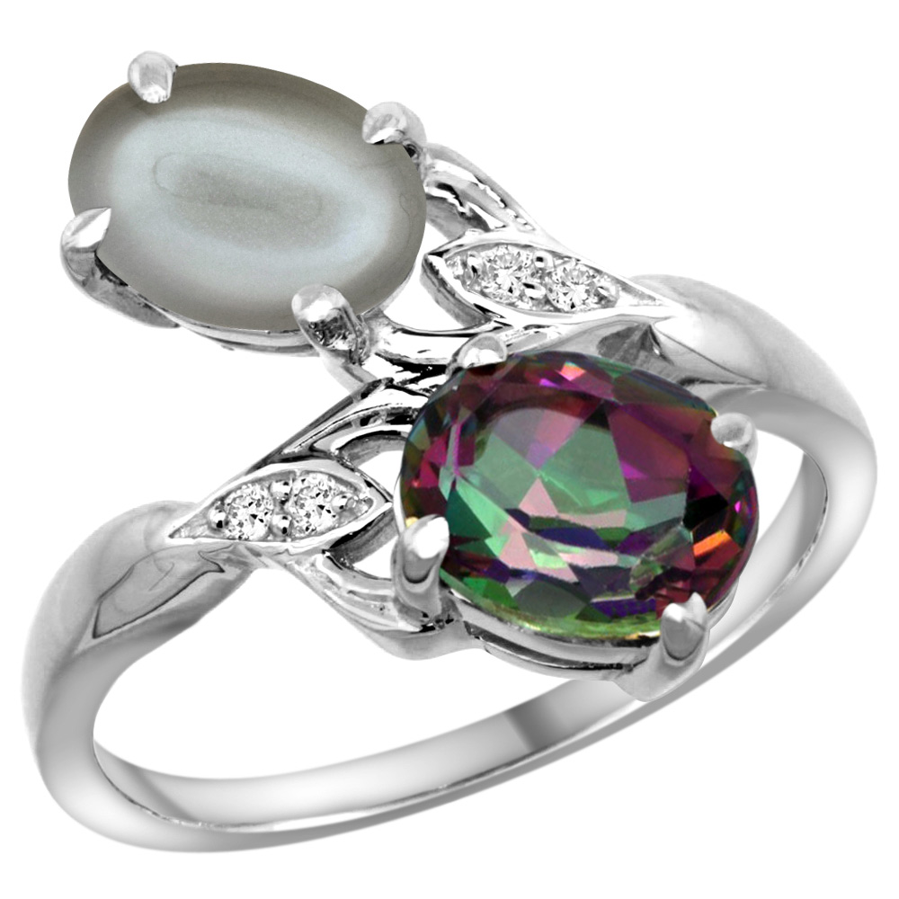 14K WHITE GOLD DIAMOND NATURAL MYSTIC TOPAZ & GRAY MOONSTONE 2-STONE RING OVAL 8X6MM, SIZES 5 - 10