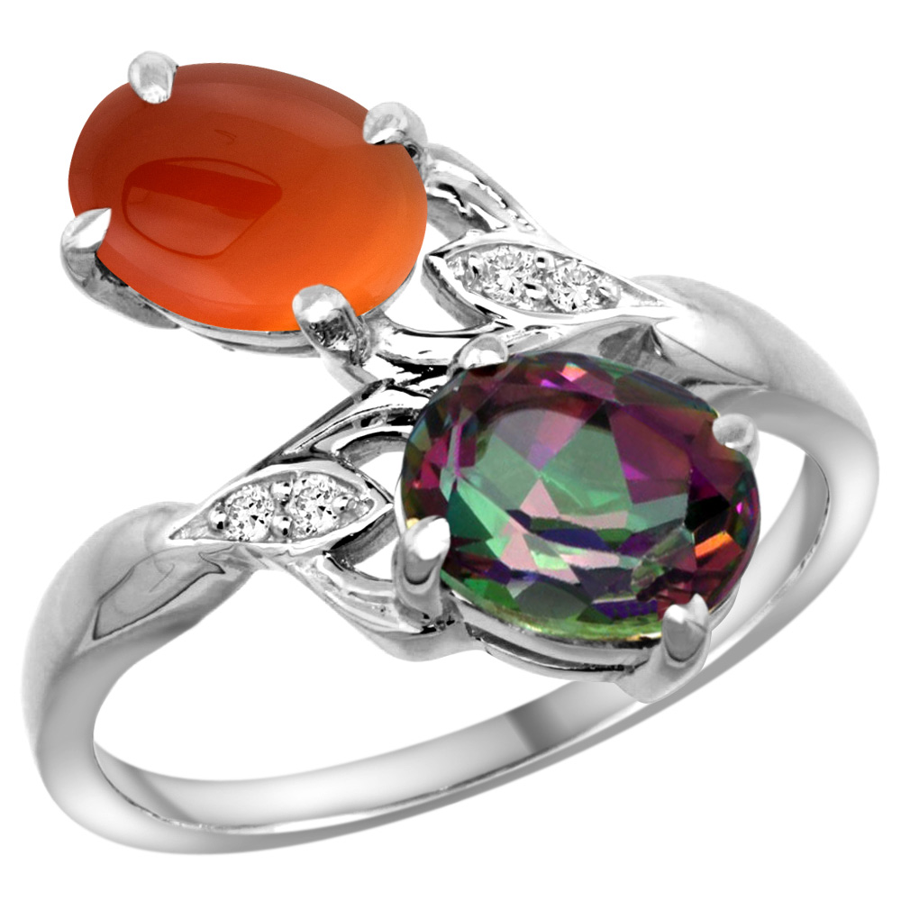 14k White Gold Diamond Natural Mystic Topaz &amp; Brown Agate 2-stone Ring Oval 8x6mm, sizes 5 - 10