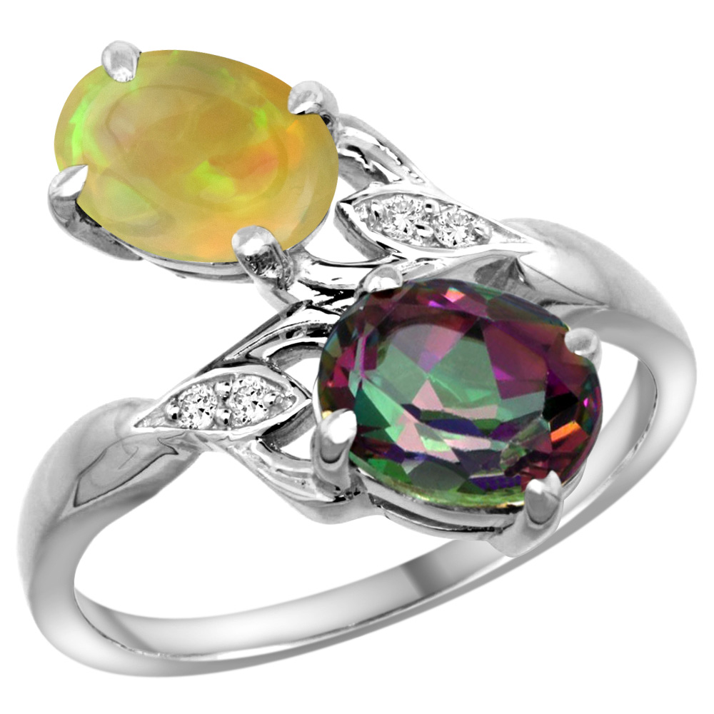 14K WHITE GOLD DIAMOND NATURAL MYSTIC TOPAZ & ETHIOPIAN OPAL 2-STONE MOTHERS RING OVAL 8X6MM, SIZE 5 - 10