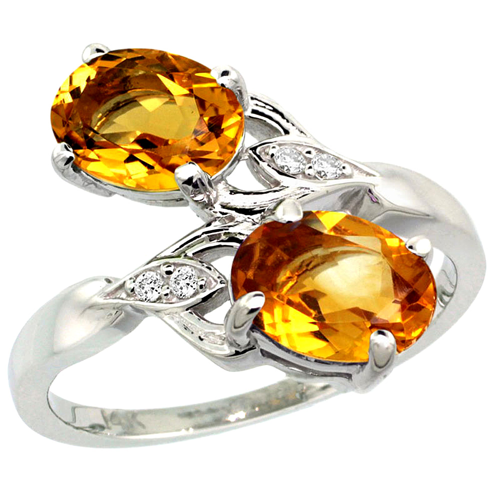 14K WHITE GOLD DIAMOND NATURAL CITRINE 2-STONE RING OVAL 8X6MM, SIZES 5 - 10
