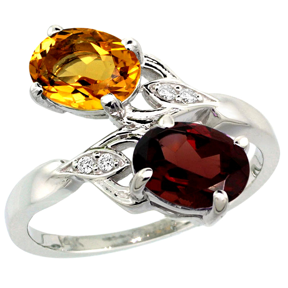 14K WHITE GOLD DIAMOND NATURAL CITRINE & GARNET 2-STONE RING OVAL 8X6MM, SIZES 5 - 10