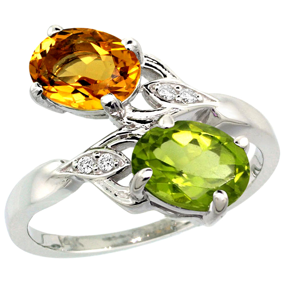 14k White Gold Diamond Natural Citrine &amp; Peridot 2-stone Ring Oval 8x6mm, sizes 5 - 10