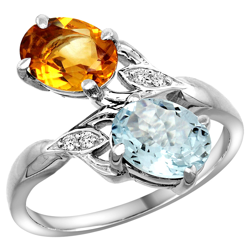 10K White Gold Diamond Natural Citrine & Aquamarine 2-stone Ring Oval 8x6mm, sizes 5 - 10