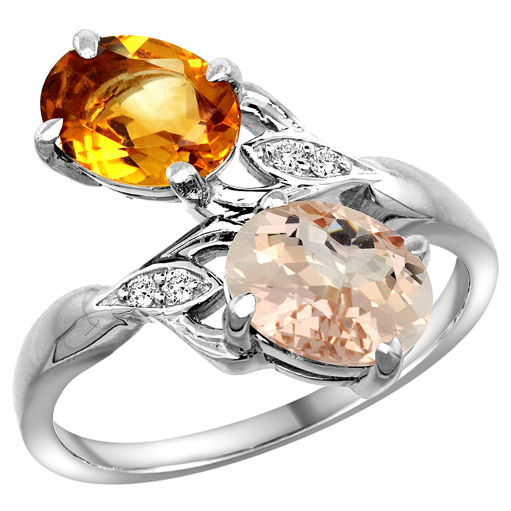 14k White Gold Diamond Natural Citrine &amp; Morganite 2-stone Ring Oval 8x6mm, sizes 5 - 10