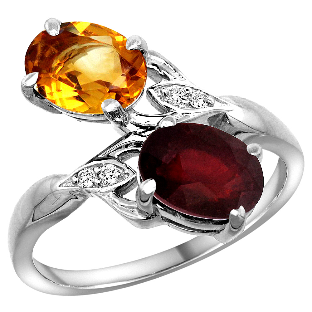 14K WHITE GOLD DIAMOND NATURAL CITRINE & ENHANCED GENUINE RUBY 2-STONE RING OVAL 8X6MM, SIZES 5 - 10
