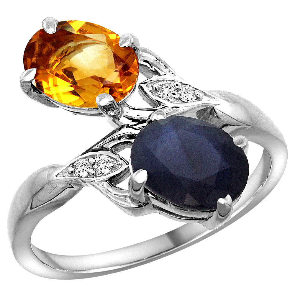 10K WHITE GOLD DIAMOND NATURAL CITRINE & BLUE SAPPHIRE 2-STONE RING OVAL 8X6MM, SIZES 5 - 10