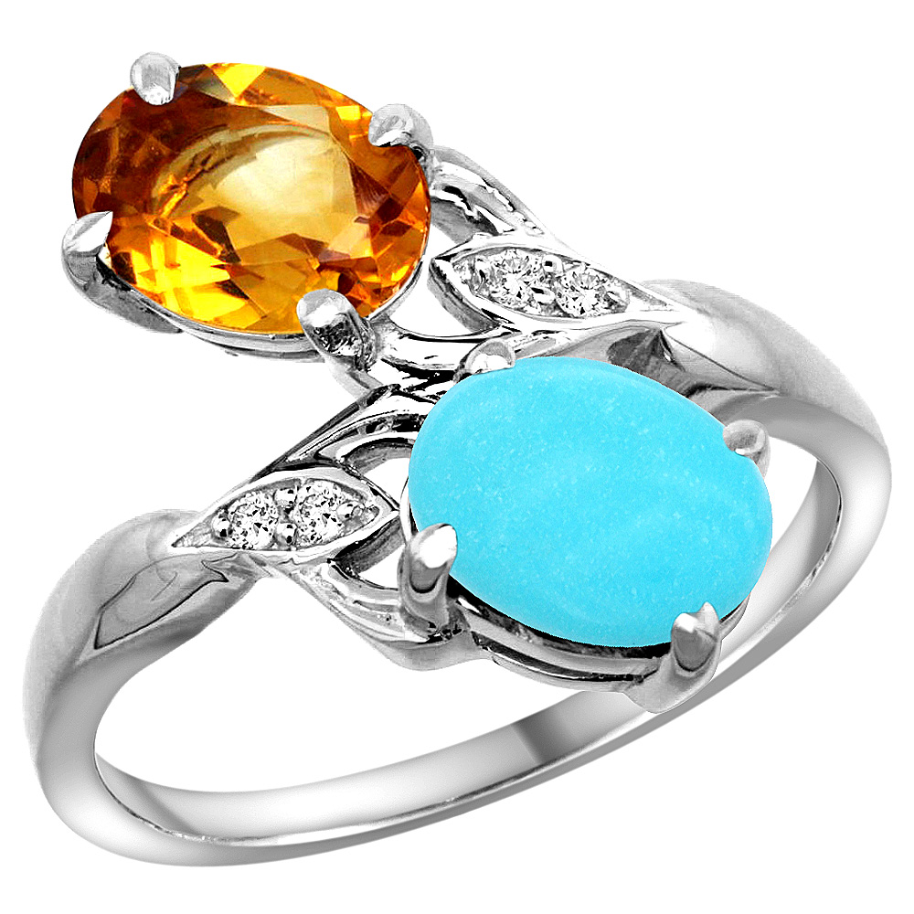 10K WHITE GOLD DIAMOND NATURAL CITRINE & TURQUOISE 2-STONE RING OVAL 8X6MM, SIZES 5 - 10