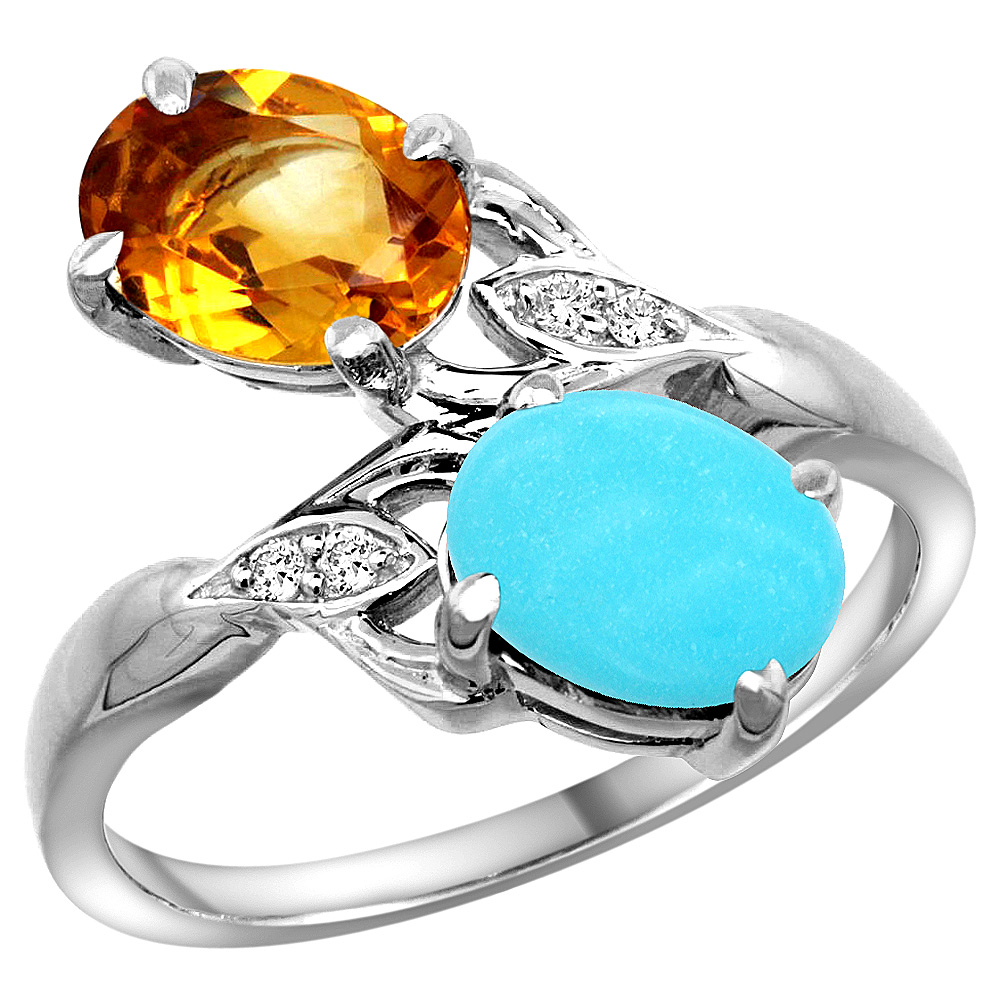 14k White Gold Diamond Natural Citrine &amp; Turquoise 2-stone Ring Oval 8x6mm, sizes 5 - 10