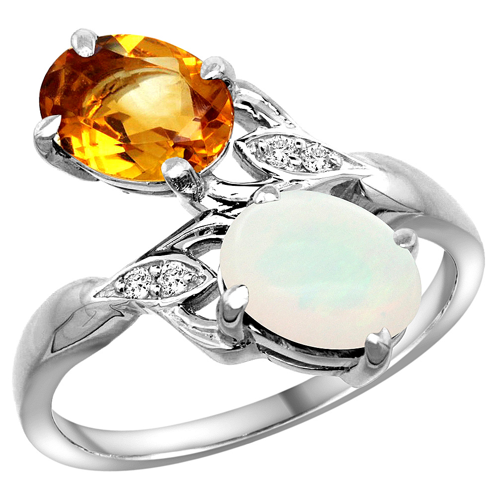10K WHITE GOLD DIAMOND NATURAL CITRINE & OPAL 2-STONE RING OVAL 8X6MM, SIZES 5 - 10