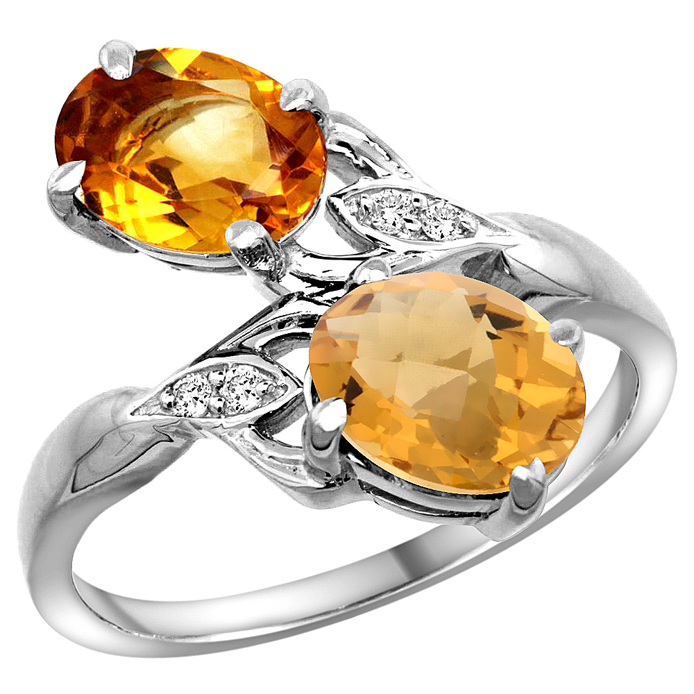 14k White Gold Diamond Natural Citrine & Whisky Quartz 2-stone Ring Oval 8x6mm, sizes 5 - 10