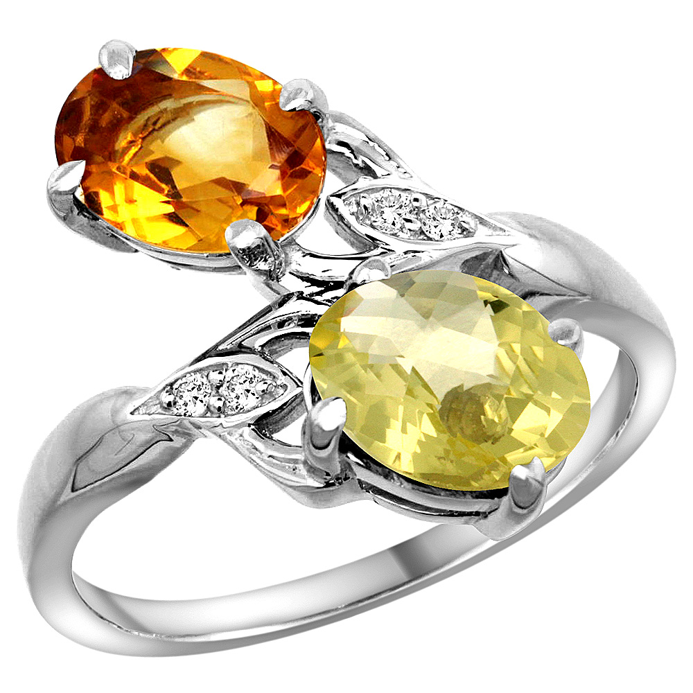 10K White Gold Diamond Natural Citrine &amp; Lemon Quartz 2-stone Ring Oval 8x6mm, sizes 5 - 10