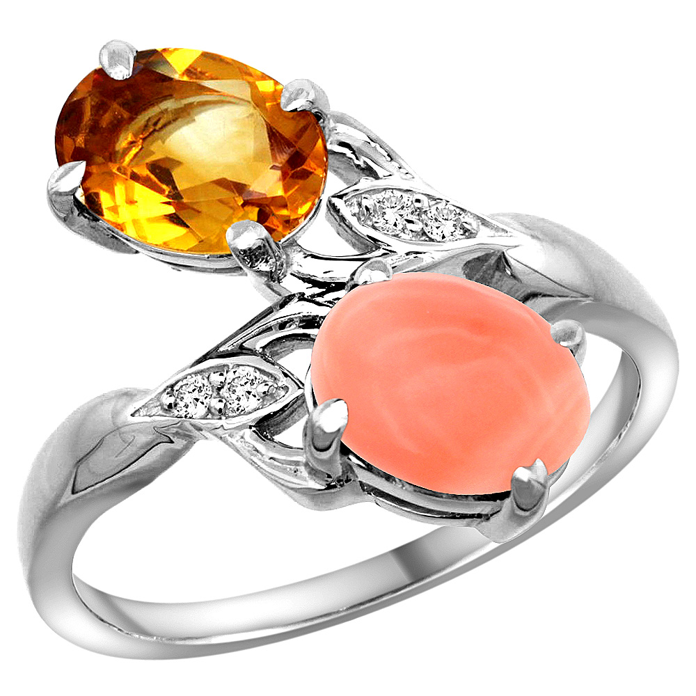 10K White Gold Diamond Natural Citrine &amp; Coral 2-stone Ring Oval 8x6mm, sizes 5 - 10