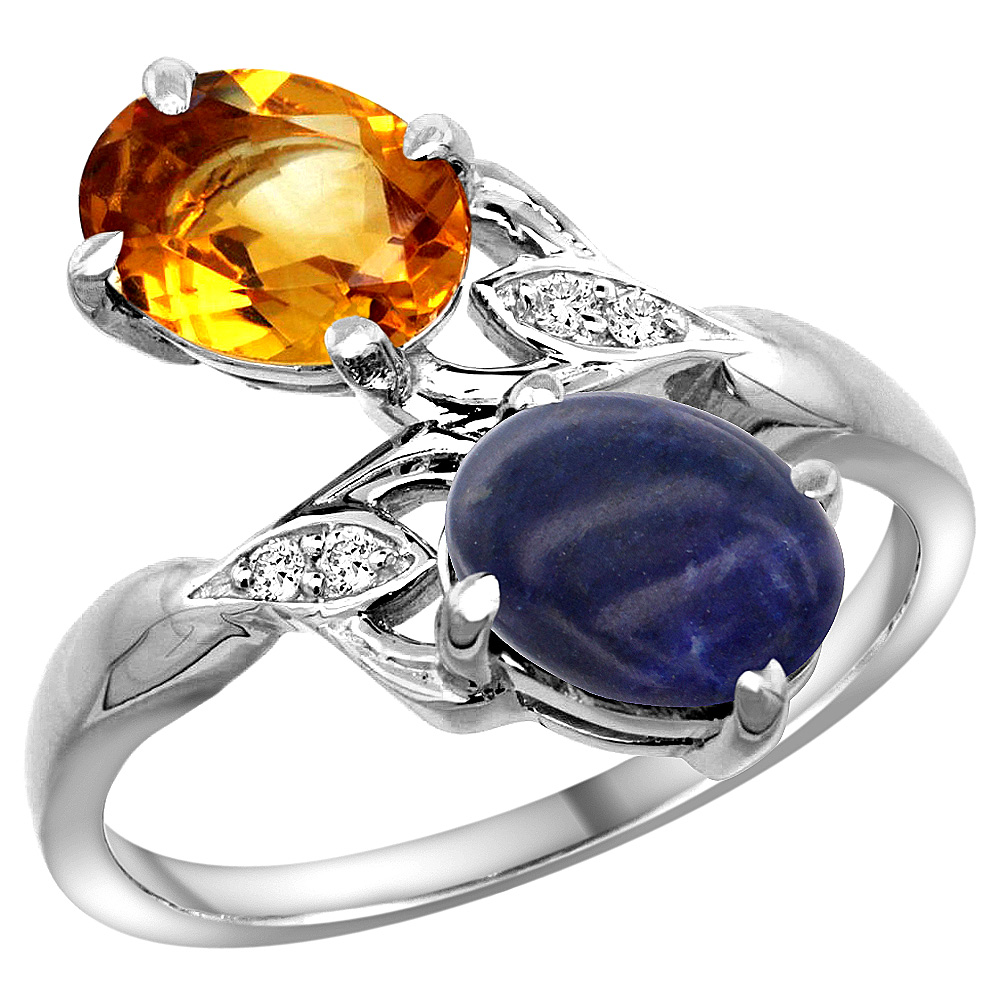 10K White Gold Diamond Natural Citrine & Lapis 2-stone Ring Oval 8x6mm, sizes 5 - 10