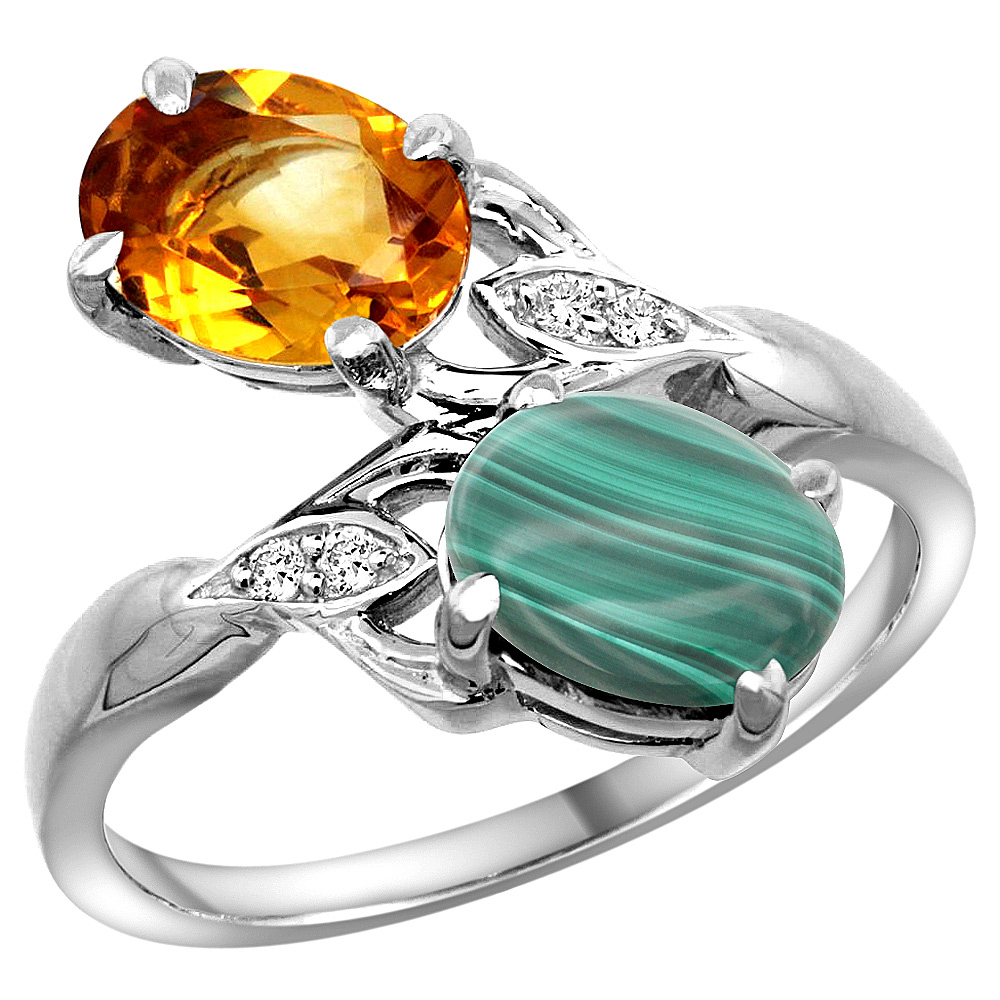 10K WHITE GOLD DIAMOND NATURAL CITRINE & MALACHITE 2-STONE RING OVAL 8X6MM, SIZES 5 - 10