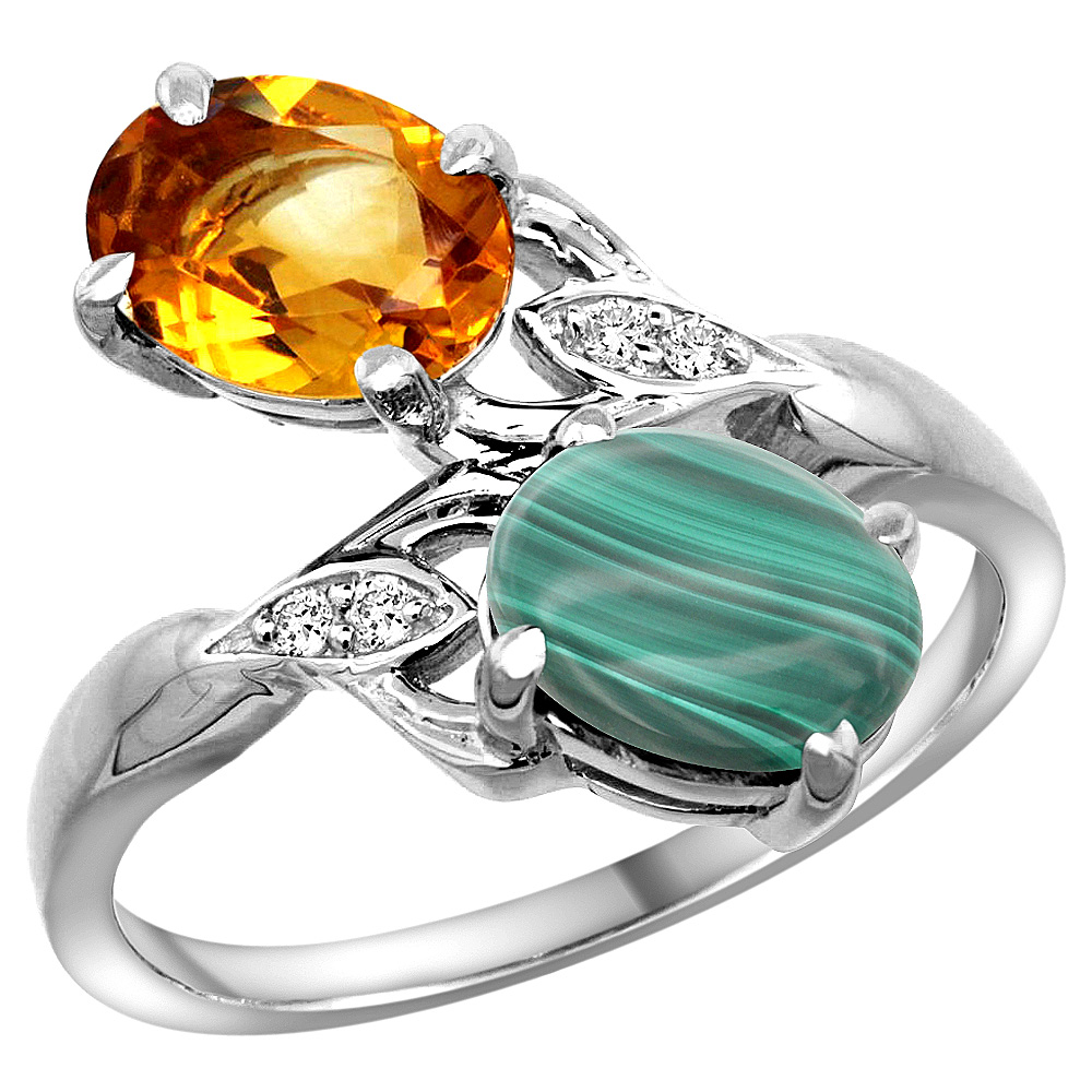 10K White Gold Diamond Natural Citrine &amp; Malachite 2-stone Ring Oval 8x6mm, sizes 5 - 10