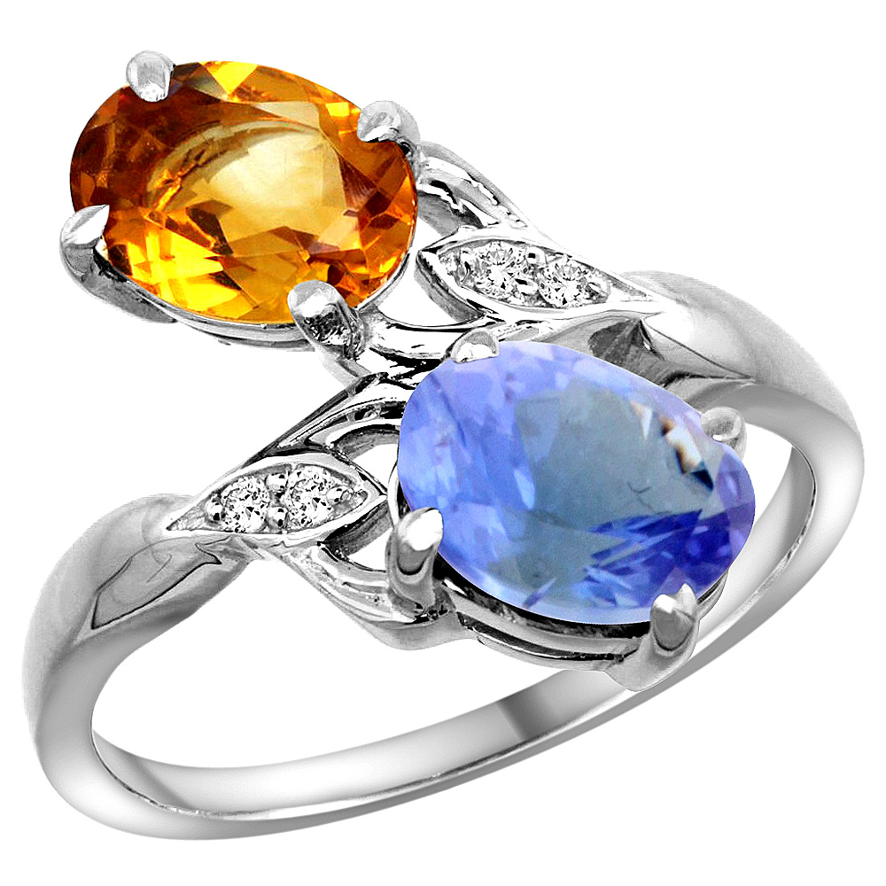 10K WHITE GOLD DIAMOND NATURAL CITRINE & TANZANITE 2-STONE RING OVAL 8X6MM, SIZES 5 - 10