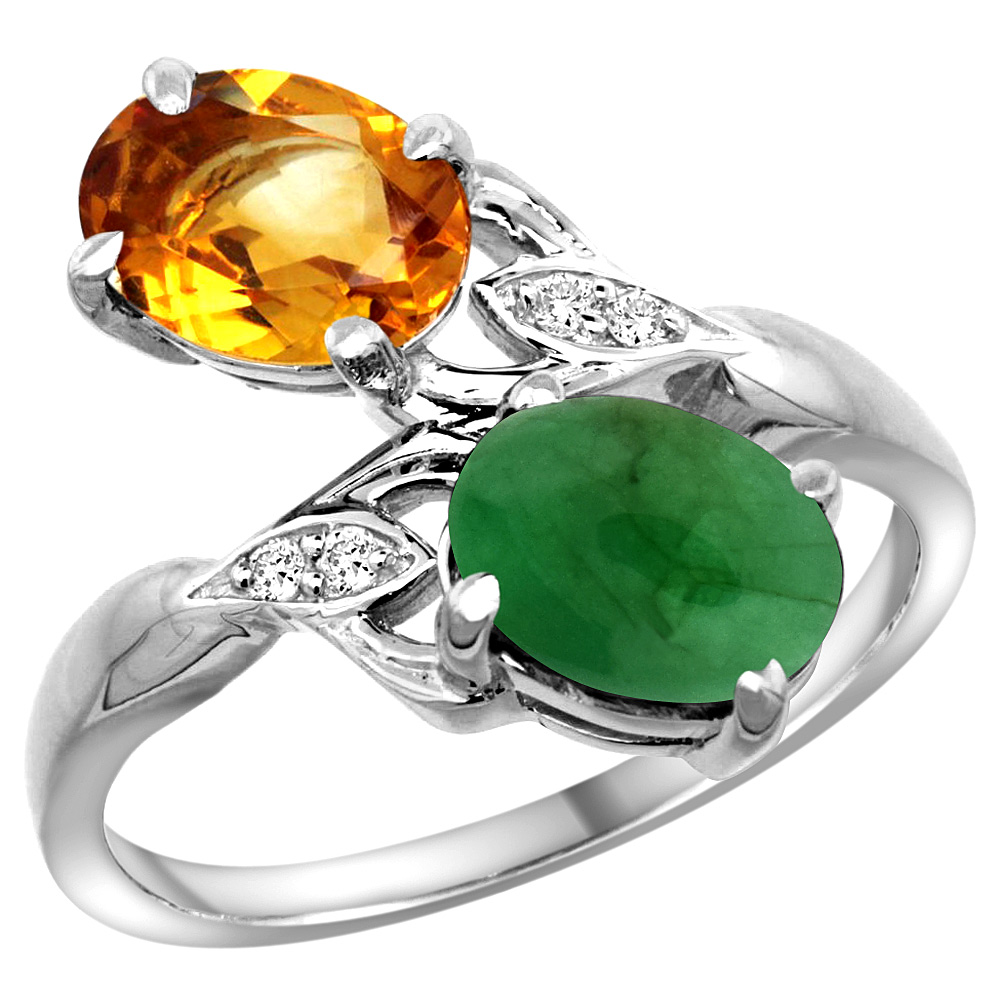 10K WHITE GOLD DIAMOND NATURAL CITRINE & CABOCHON EMERALD 2-STONE RING OVAL 8X6MM, SIZES 5 - 10