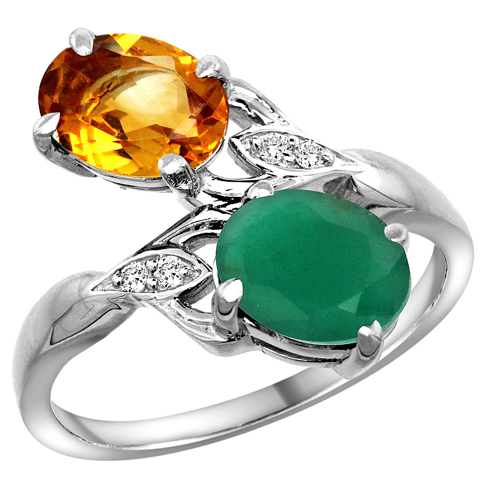 10K White Gold Diamond Natural Citrine &amp; Quality Emerald 2-stone Mothers Ring Oval 8x6mm, size 5 - 10