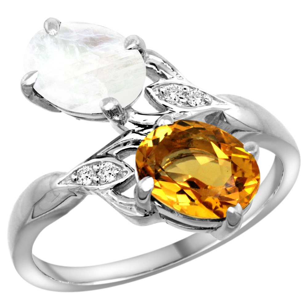 10K WHITE GOLD DIAMOND NATURAL CITRINE & RAINBOW MOONSTONE 2-STONE RING OVAL 8X6MM, SIZES 5 - 10
