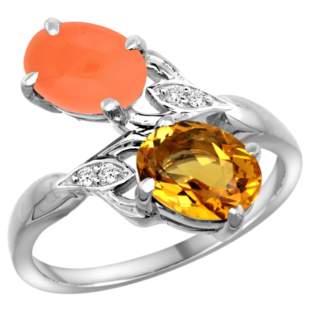 10K WHITE GOLD DIAMOND NATURAL CITRINE & ORANGE MOONSTONE 2-STONE RING OVAL 8X6MM, SIZES 5 - 10