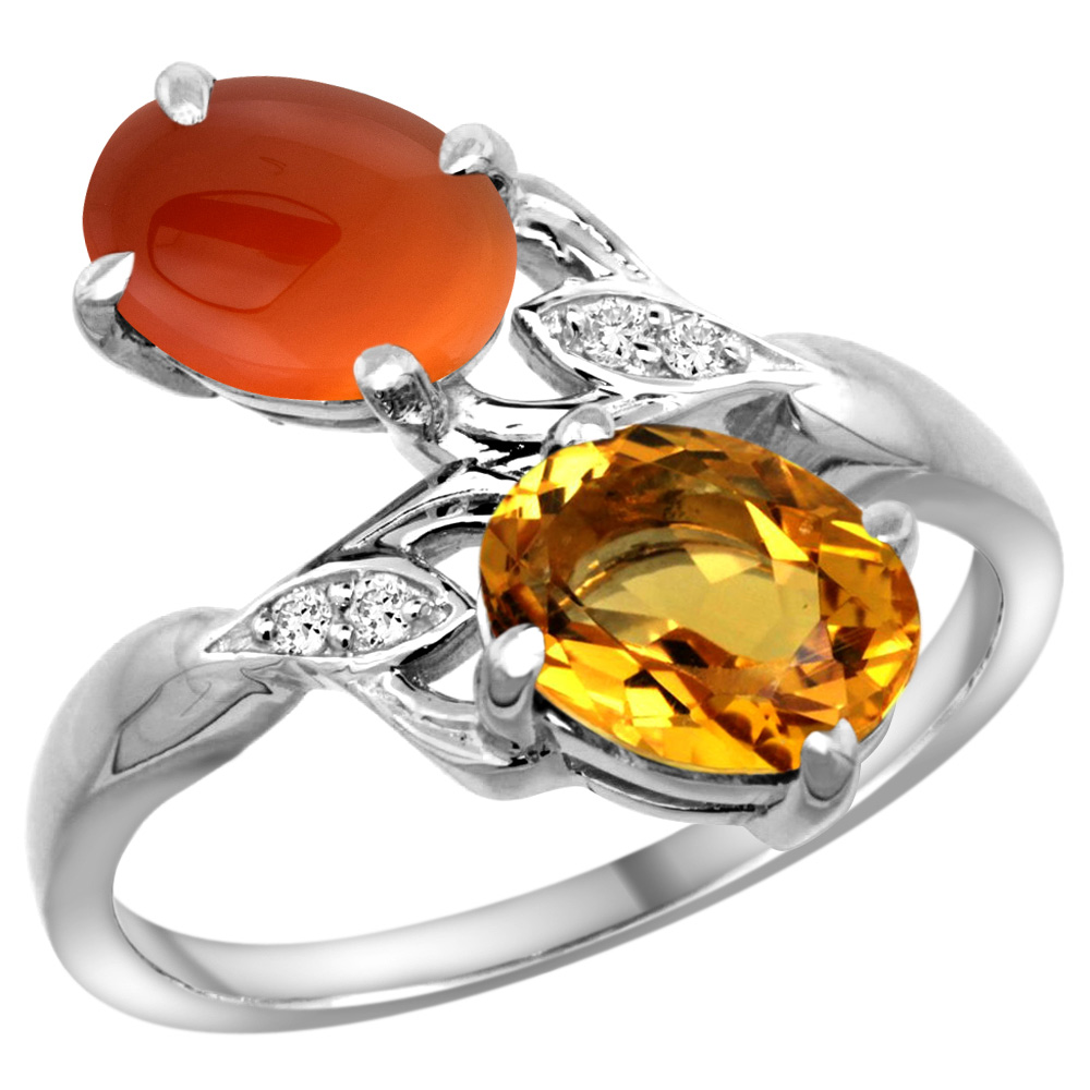 14k White Gold Diamond Natural Citrine &amp; Brown Agate 2-stone Ring Oval 8x6mm, sizes 5 - 10