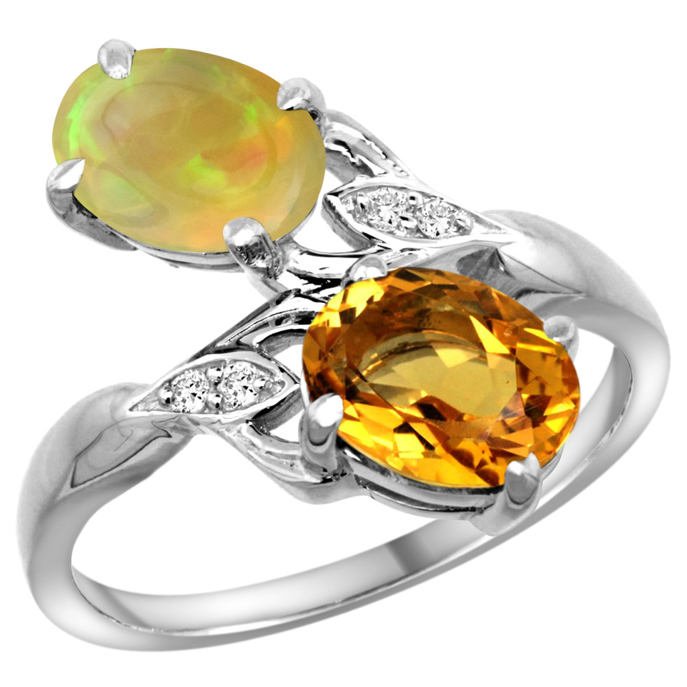 10K WHITE GOLD DIAMOND NATURAL CITRINE & ETHIOPIAN OPAL 2-STONE MOTHERS RING OVAL 8X6MM, SIZE 5 - 10
