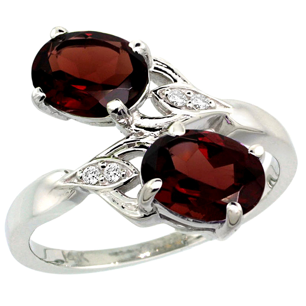 14K WHITE GOLD DIAMOND NATURAL GARNET 2-STONE RING OVAL 8X6MM, SIZES 5 - 10