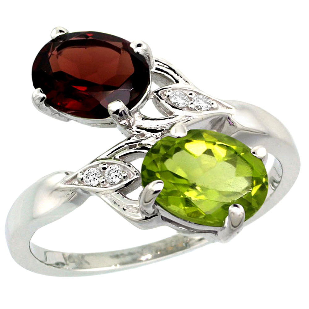 14k White Gold Diamond Natural Garnet & Peridot 2-stone Ring Oval 8x6mm, sizes 5 - 10