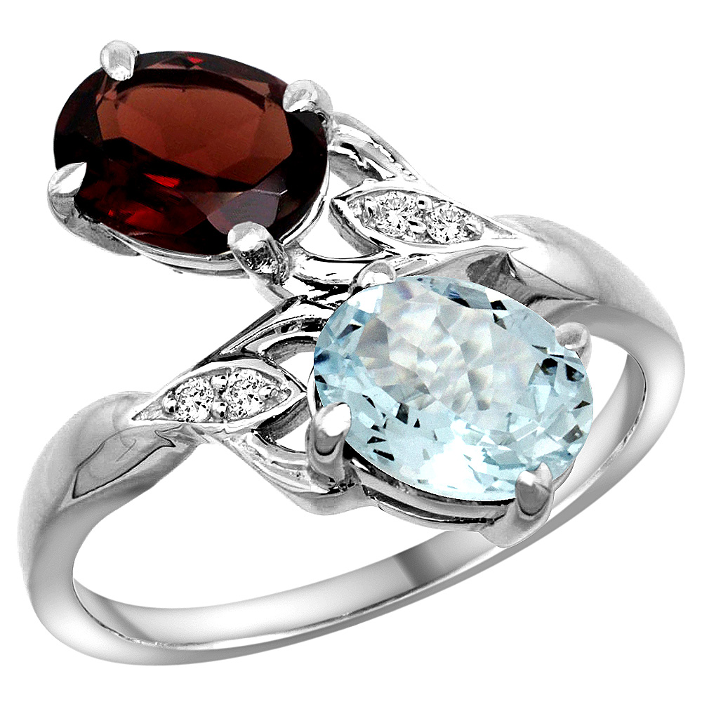 10K WHITE GOLD DIAMOND NATURAL GARNET & AQUAMARINE 2-STONE RING OVAL 8X6MM, SIZES 5 - 10