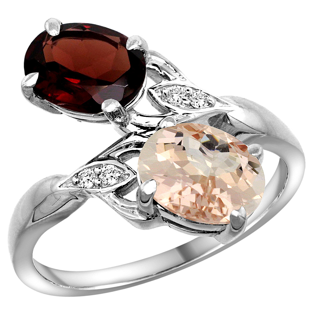 10K WHITE GOLD DIAMOND NATURAL GARNET & MORGANITE 2-STONE RING OVAL 8X6MM, SIZES 5 - 10