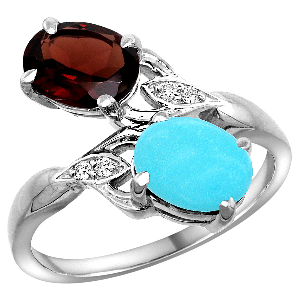 10K WHITE GOLD DIAMOND NATURAL GARNET & TURQUOISE 2-STONE RING OVAL 8X6MM, SIZES 5 - 10
