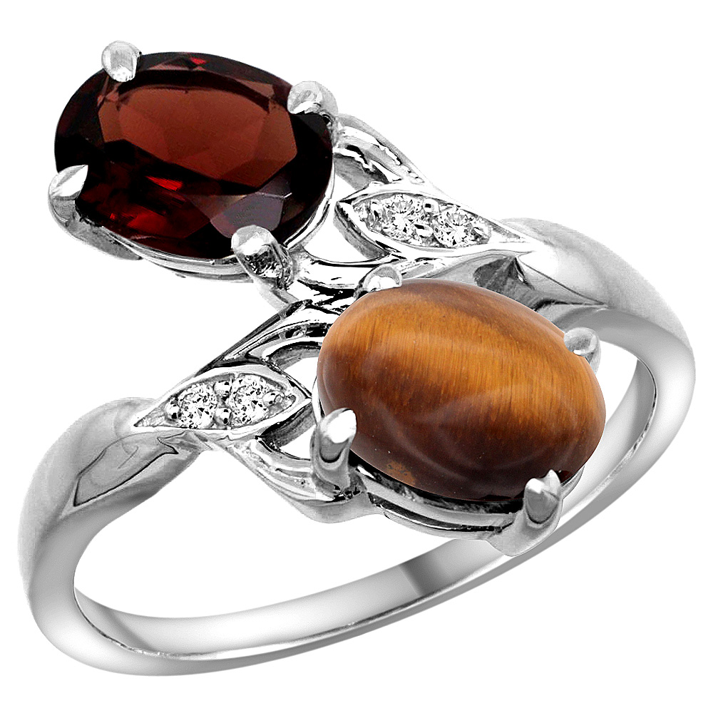 10K White Gold Diamond Natural Garnet & Tiger Eye 2-stone Ring Oval 8x6mm, sizes 5 - 10