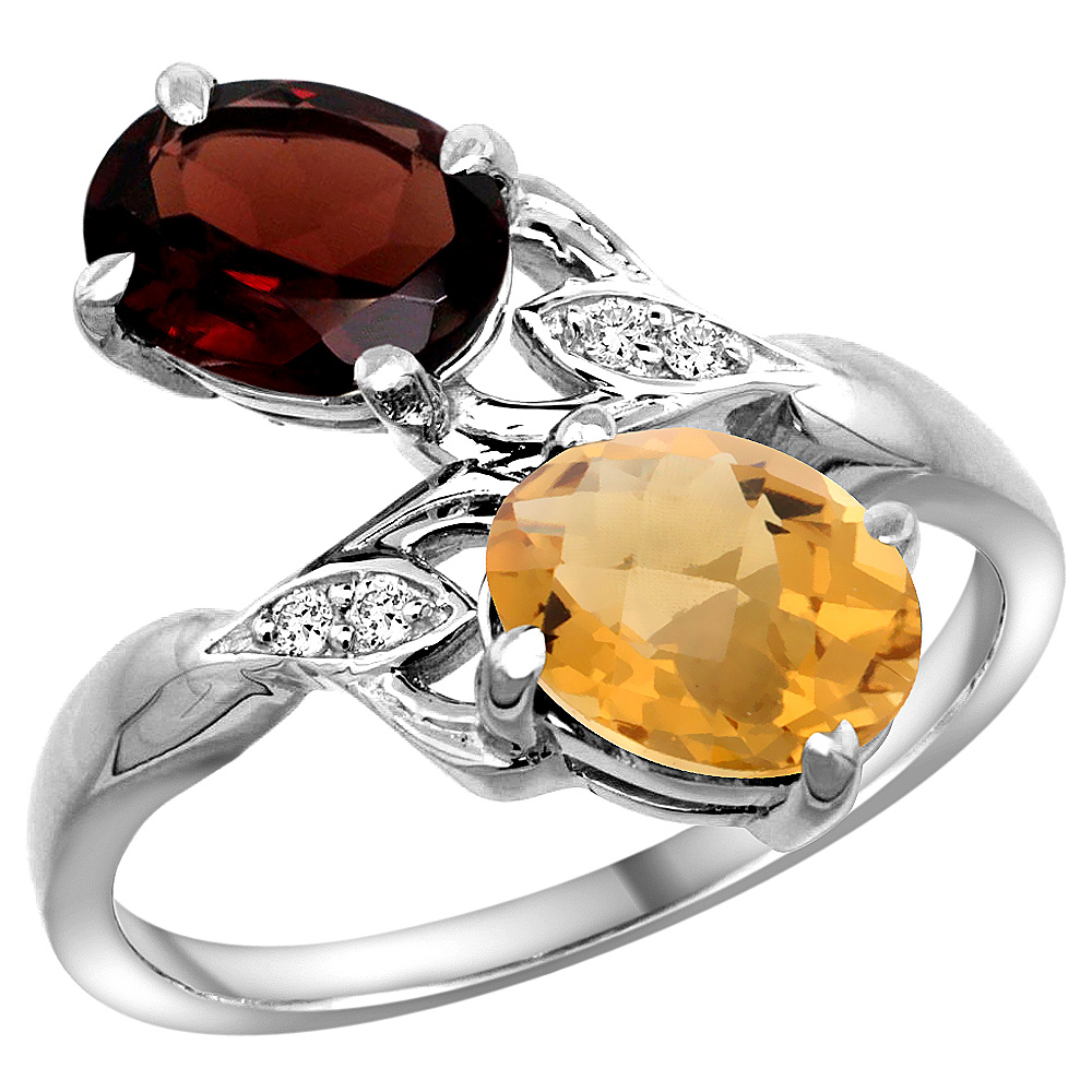 10K White Gold Diamond Natural Garnet & Whisky Quartz 2-stone Ring Oval 8x6mm, sizes 5 - 10