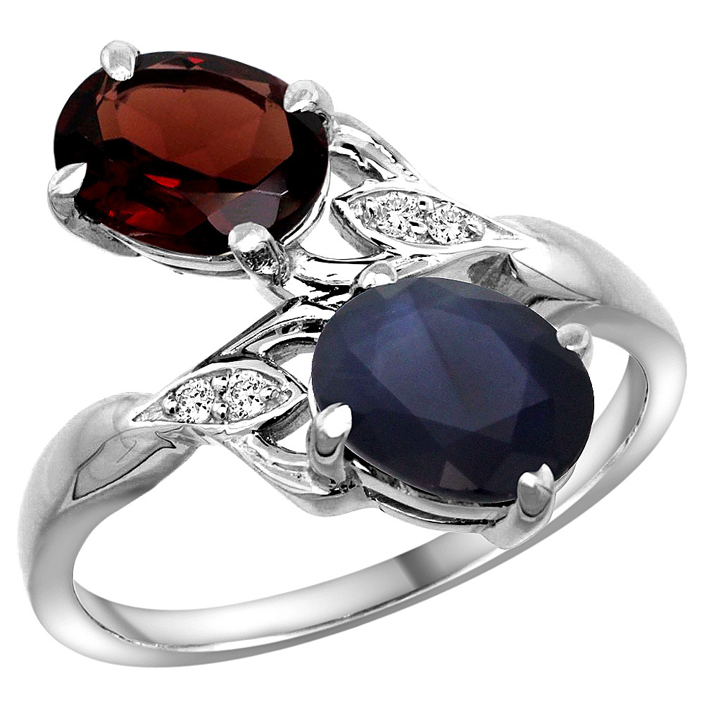 10K White Gold Diamond Natural Garnet &amp; Australian Sapphire 2-stone Ring Oval 8x6mm, sizes 5 - 10