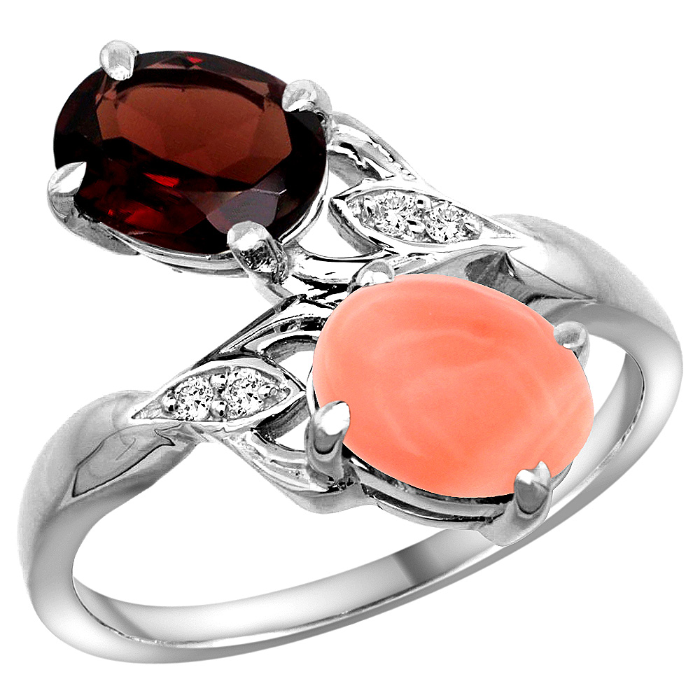 10K WHITE GOLD DIAMOND NATURAL GARNET & CORAL 2-STONE RING OVAL 8X6MM, SIZES 5 - 10