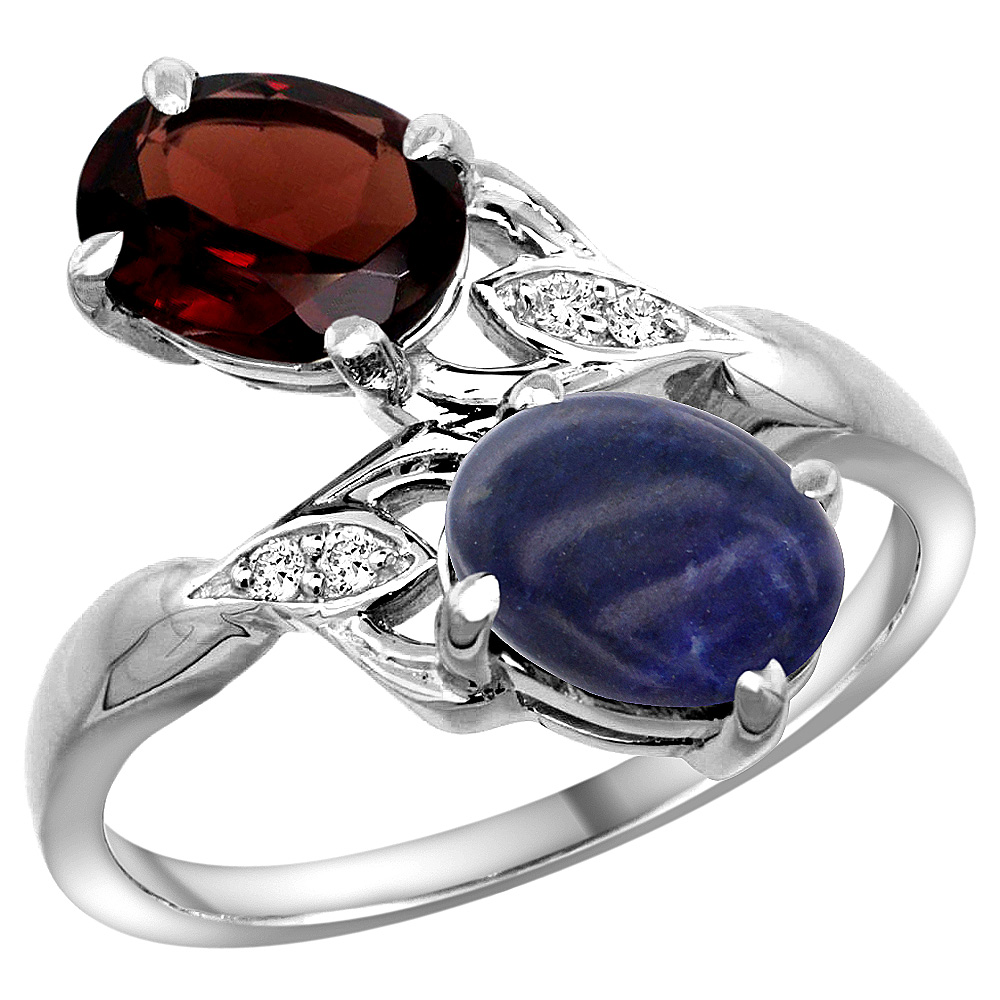 14k White Gold Diamond Natural Garnet &amp; Lapis 2-stone Ring Oval 8x6mm, sizes 5 - 10