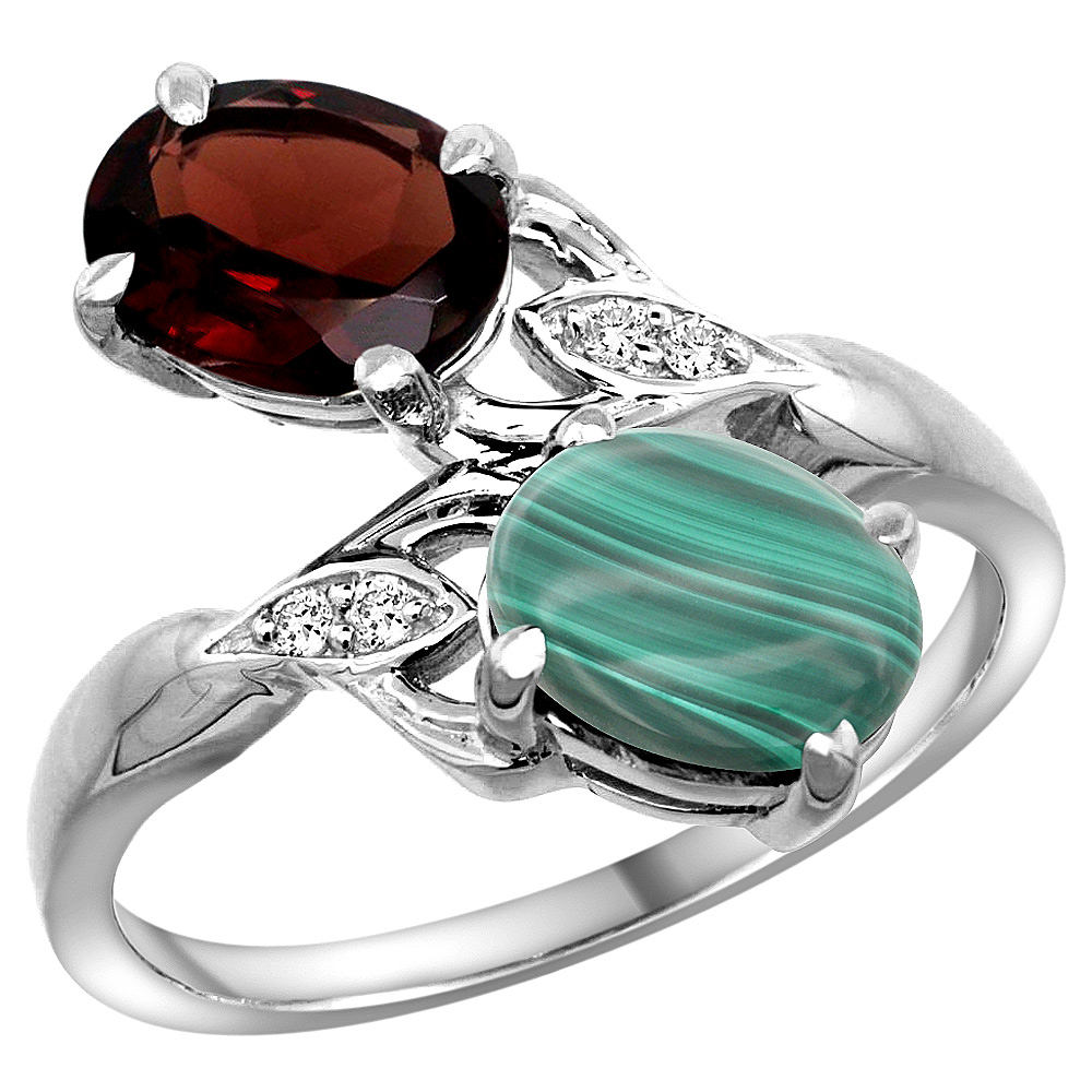 14k White Gold Diamond Natural Garnet &amp; Malachite 2-stone Ring Oval 8x6mm, sizes 5 - 10