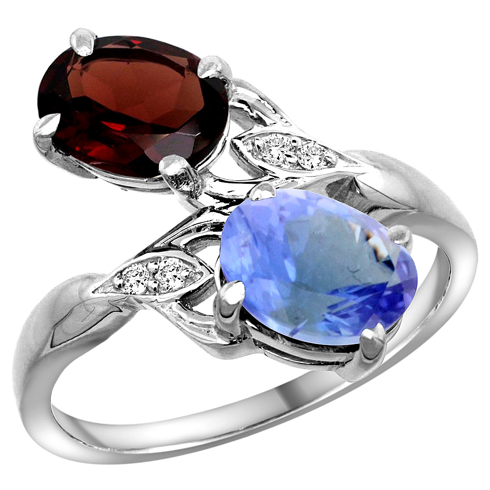 10K White Gold Diamond Natural Garnet &amp; Tanzanite 2-stone Ring Oval 8x6mm, sizes 5 - 10