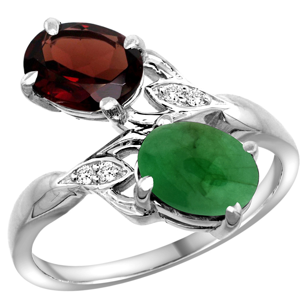 14k White Gold Diamond Natural Garnet & Cabochon Emerald 2-stone Ring Oval 8x6mm, sizes 5 - 10